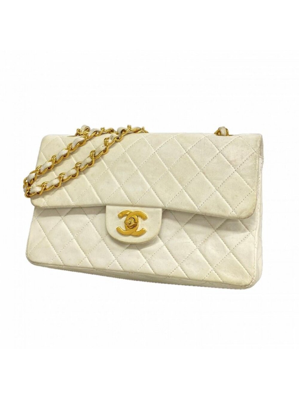 Chanel Shoulder Bag Quilted Lambskin White Gold